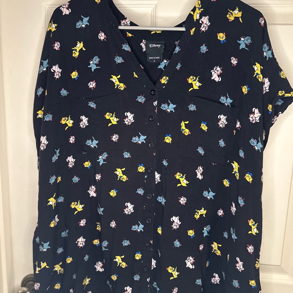 Torrid Black Blouse with Colorful Floral Print- Disney Aristocats Pattern